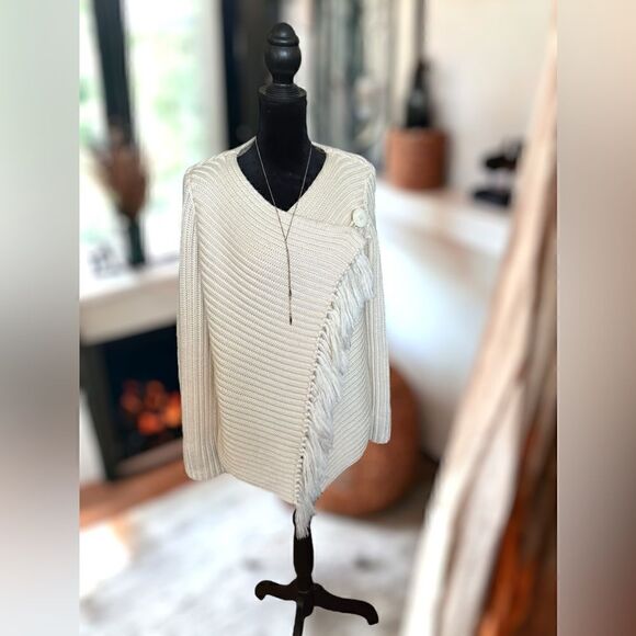 ANTHROPOLOGIE Lisa Z Knit Fringe Wrap-around Poncho Cardigan Sweater Wool Size M - Picture 13 of 16